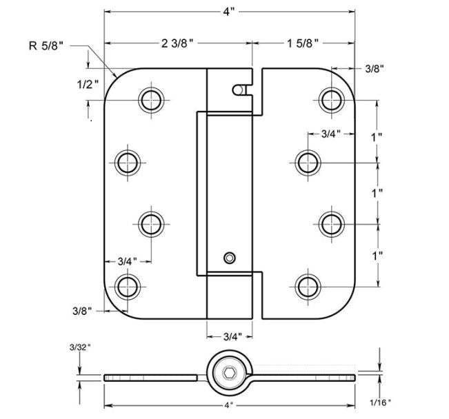 Deltana DSH4R53 Radius Spring Hinge, Bright Brass, 4" x 4"