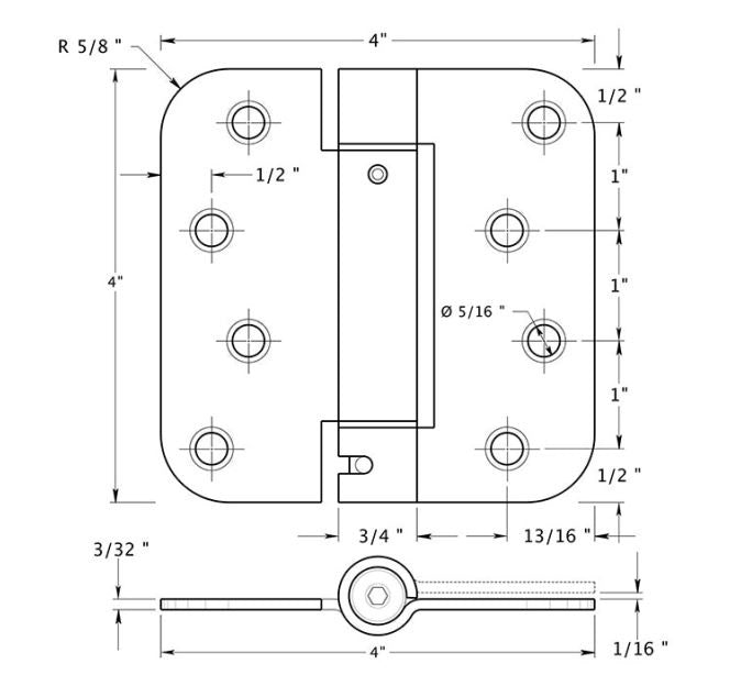 Deltana DSH4R55T Radius Corner Hinge, TT, Antique Brass, 4" x 4"