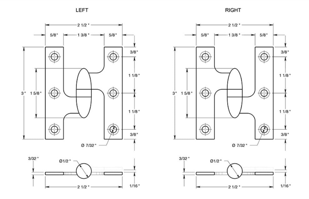 Deltana OK3025B3UNL-L Olive Knuckle Hinge, Unlacquered Bright Brass