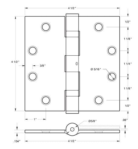 Deltana S45BBNU3 Ball Bearing Square Door Hinge, Bright Brass, 4-1/2" x 4-1/2"