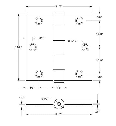 Deltana S35HD26 Square Door Hinge, Polished Chrome, 3-1/2" x 3-1/2"