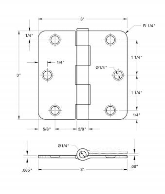 Deltana S33U3-R Square Door Hinge, Polished Brass, 3" x 3"
