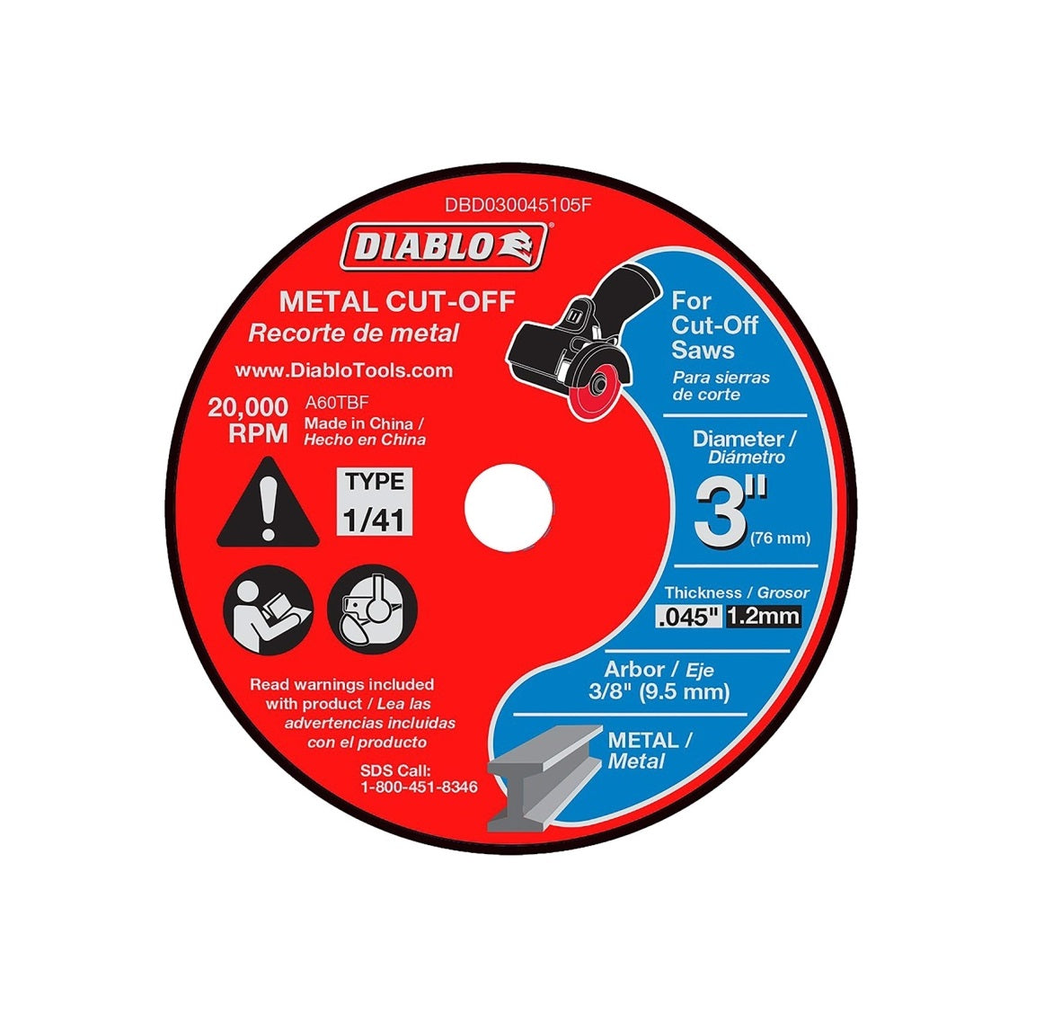 Diablo DBD030045105F Cut-Off Disc, Aluminum Oxide Abrasive, 3 inch