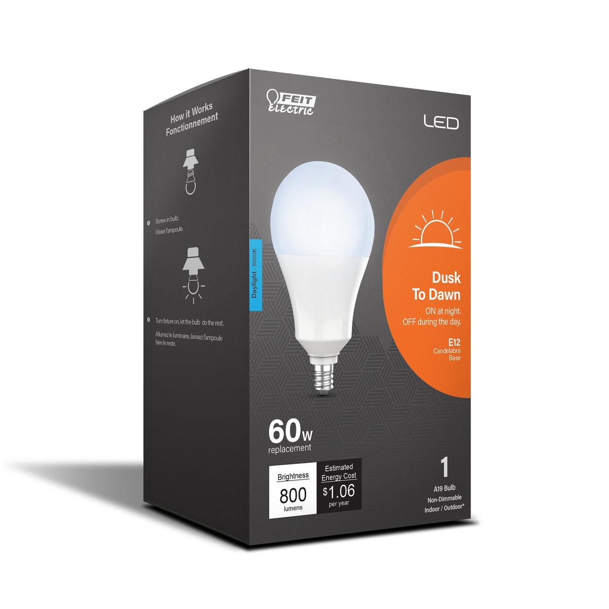 Feit Electric A800C950CADDLED E12 LED Dusk to Dawn Bulb, 8.8 Watts, 120 Volt