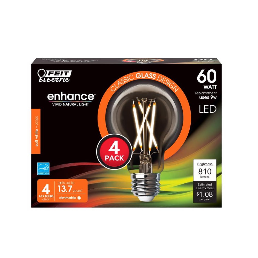 Feit Electric A1960CL927CAFL4 A19 Filament LED Bulb, 9 Watts