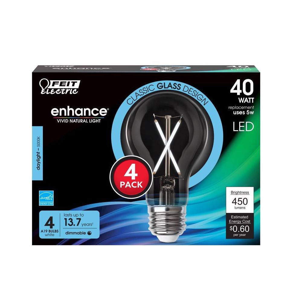 Feit Electric A1940CL950CAFL4 A19 Filament LED Bulb, 5 Watts