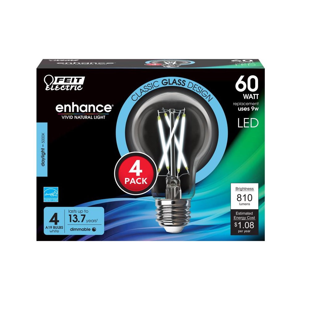 Feit Electric A1960CL950CAFL4 A19 Filament LED Bulb, 9 Watts