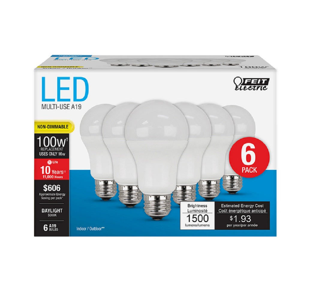 Feit Electric A160085010KLED6 Non-Dimmable LED Bulb, Daylight, 16 W