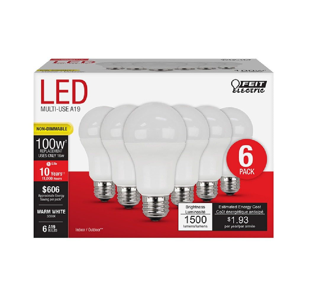 Feit Electric A160083010KLED6 Non-Dimmable LED Bulb, White, 16 W