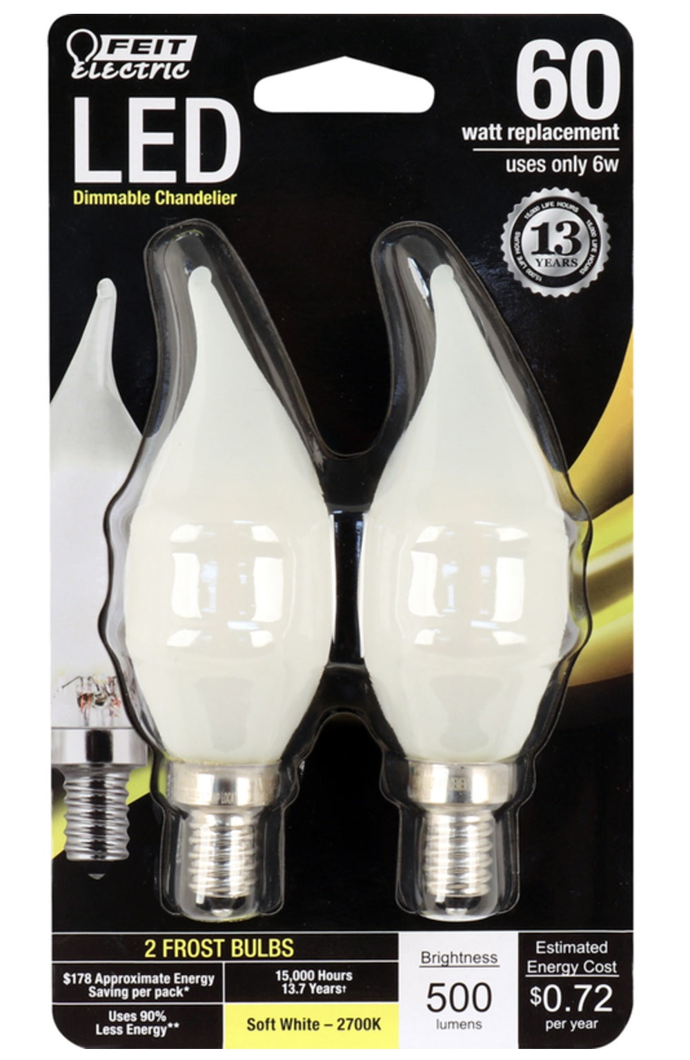 Feit Electric BPCFF60927CAF2R CA10 Dimmable LED Chandelier Bulbs, 5.5 Watts