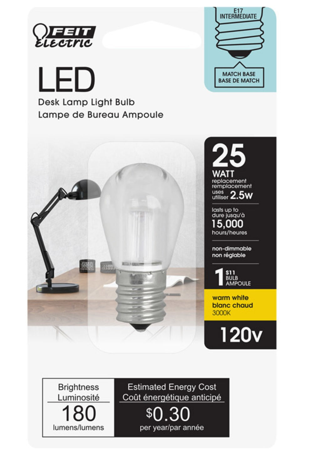 Feit Electric BP25S11N/SU/LED S11 LED Desk Lamp Bulb, 2.5 Watts, 120 Volt