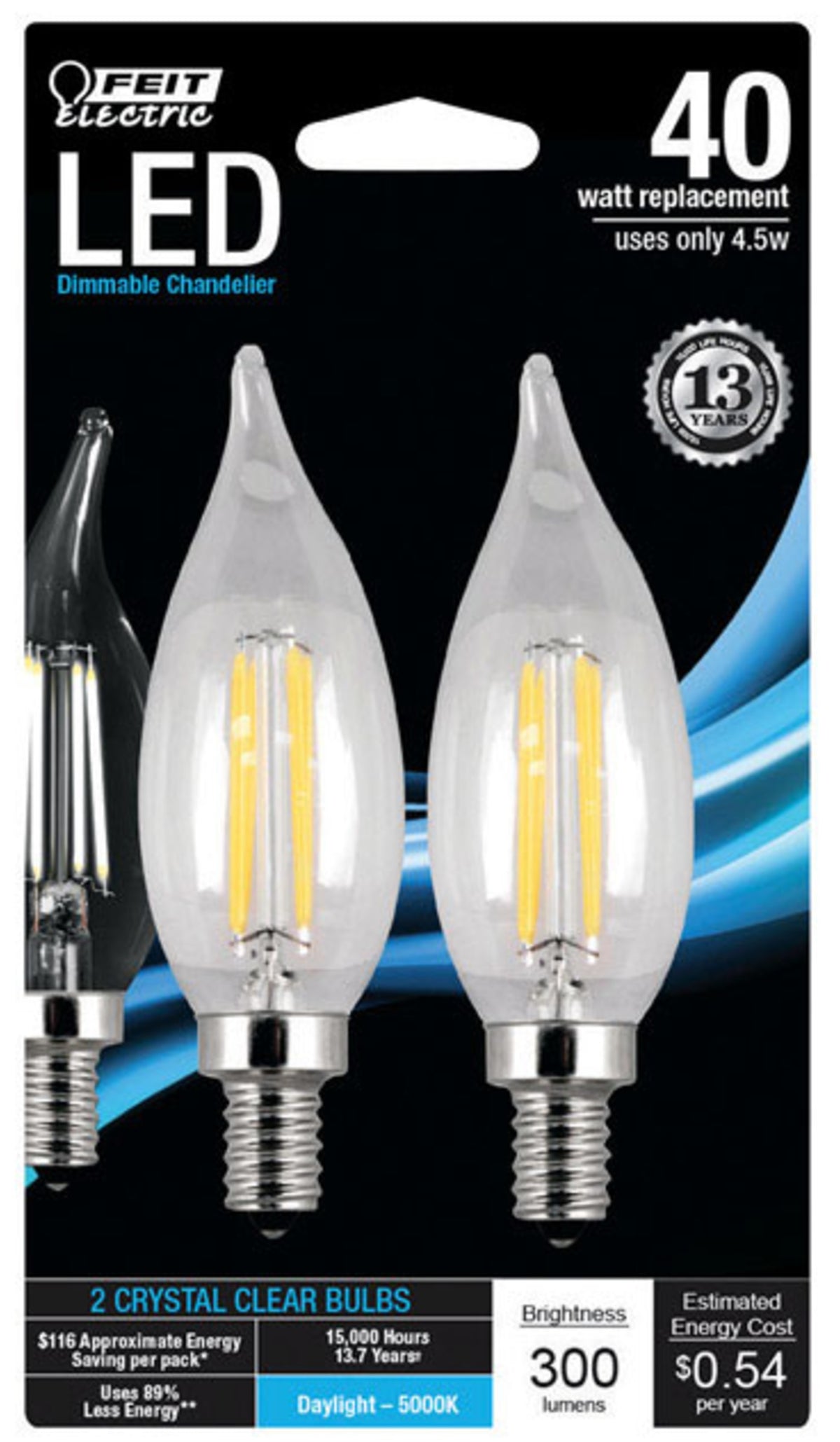 Feit Electric CFC40950CAFIL2R C10 LED Bulbs, 4.5 Watts, 120 Volts