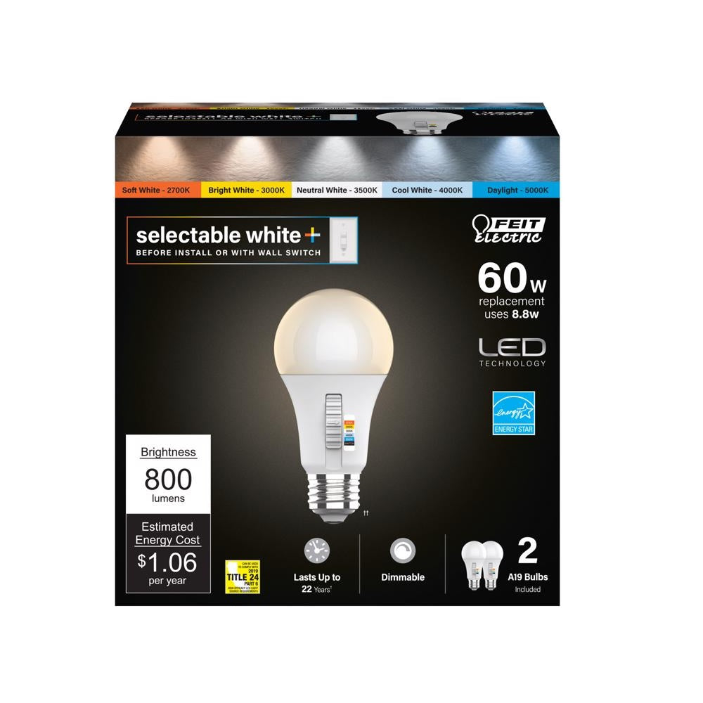 Feit Electric OM60DM/6WYCA/2 A19 LED Light Bulb, 8.8 Watts, 120 Volt