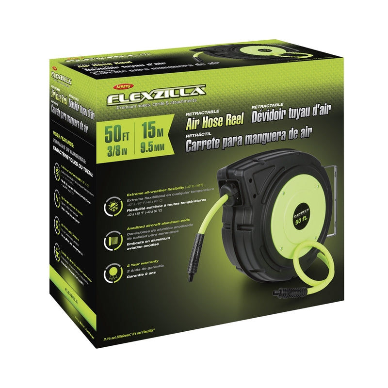 Flexzilla L8250FZ Hybrid Polymer Retractable Air Hose Reel, Green, 150 PSI