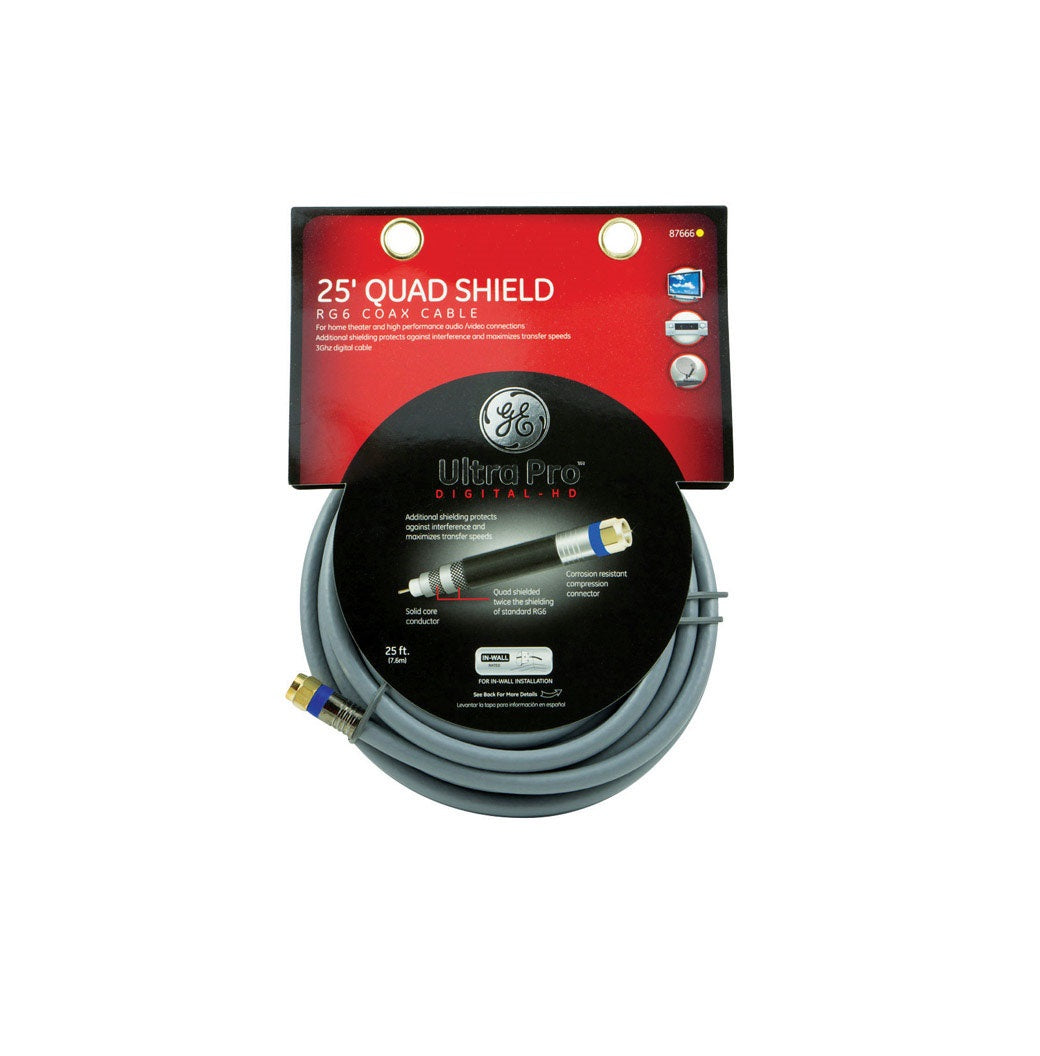 GE 33531 Pro Quad Shielded RG6 Coax Cable, 25', Black