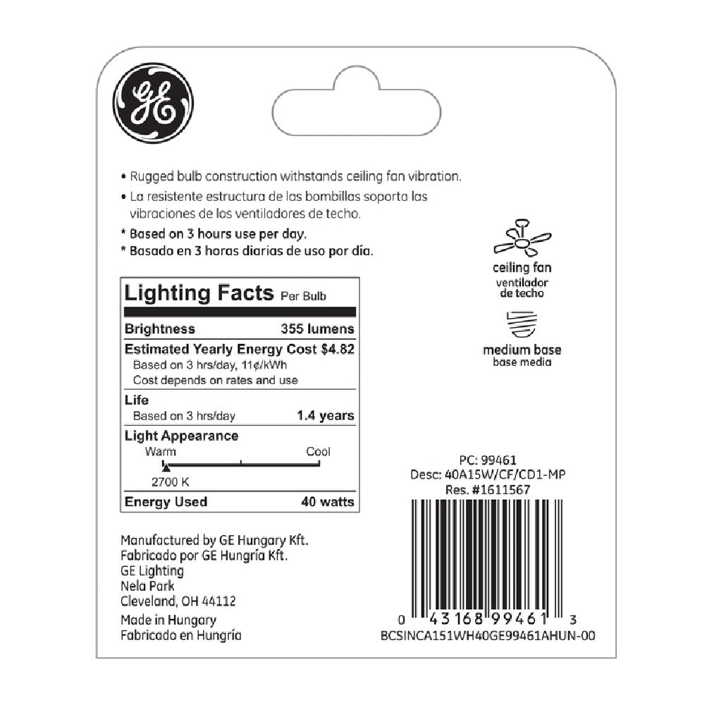 GE 99461 A15 Incandescent A-Line Bulb, Soft White, 355 Lumens