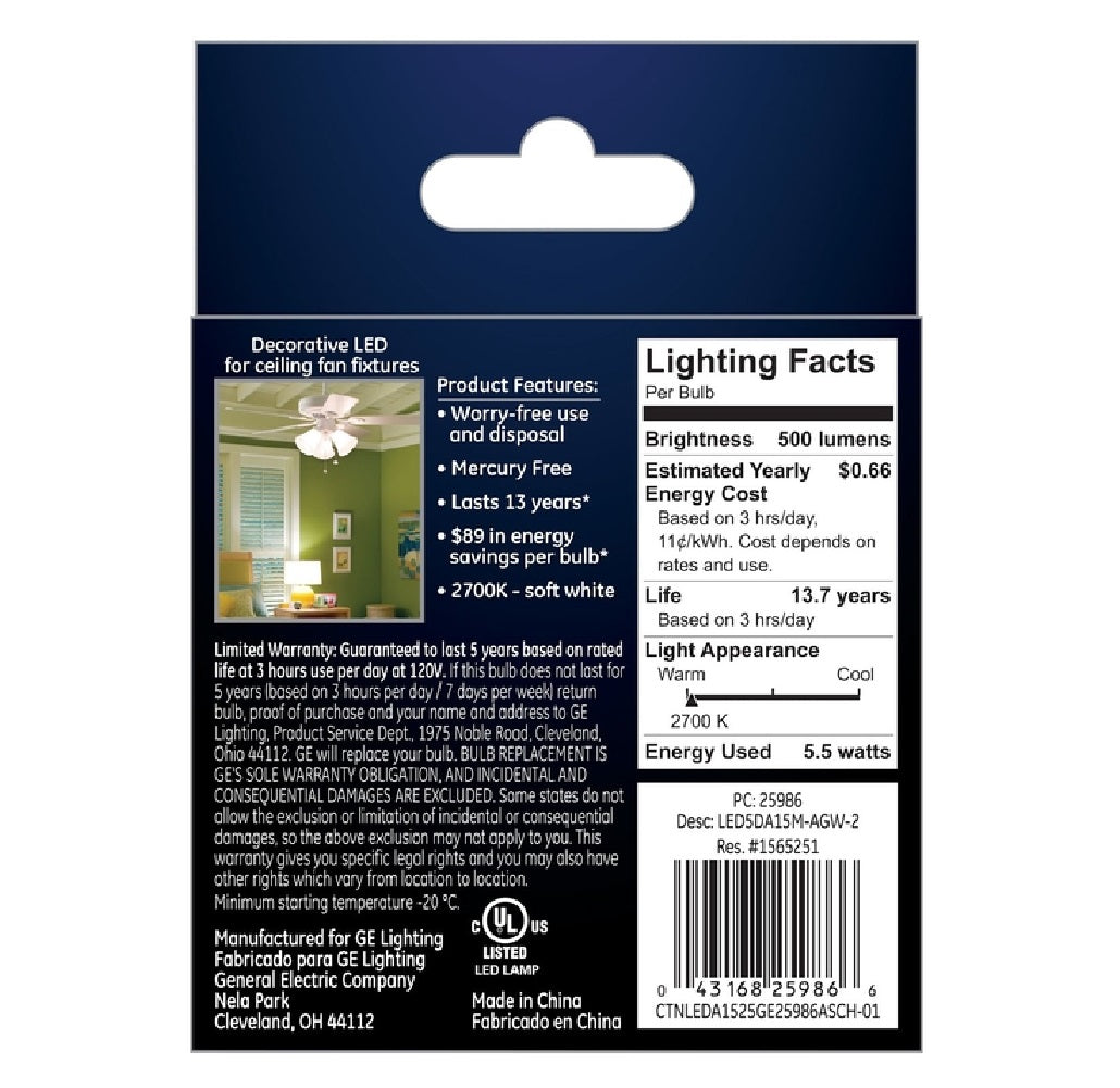 GE 25986 A15 LED A-Line Bulb, Soft White, 5.5 Watts, 500 Lumens