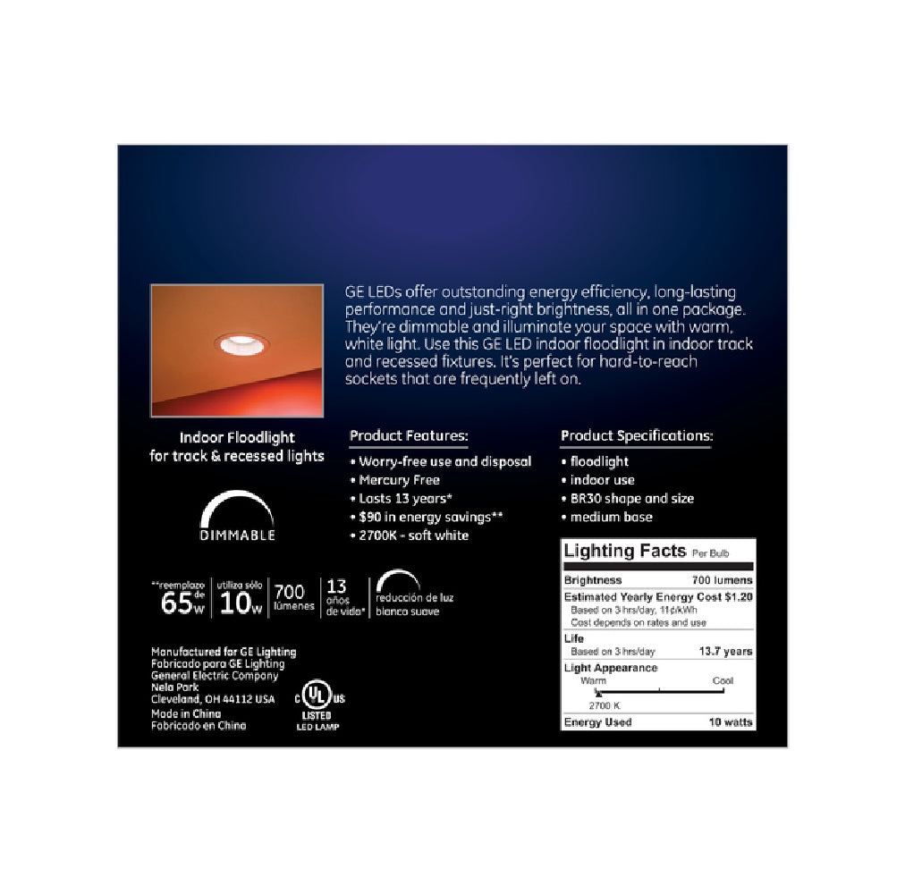 GE 40918 BR30 LED Floodlight Bulb, Soft White, 10 Watts, 700 Lumens