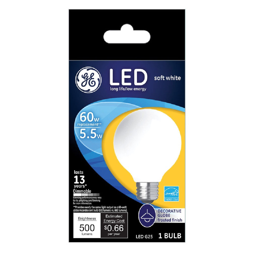 GE 25967 G25 LED Globe Bulb, Frosted, Soft White, 5.5 Watts, 500 Lumens