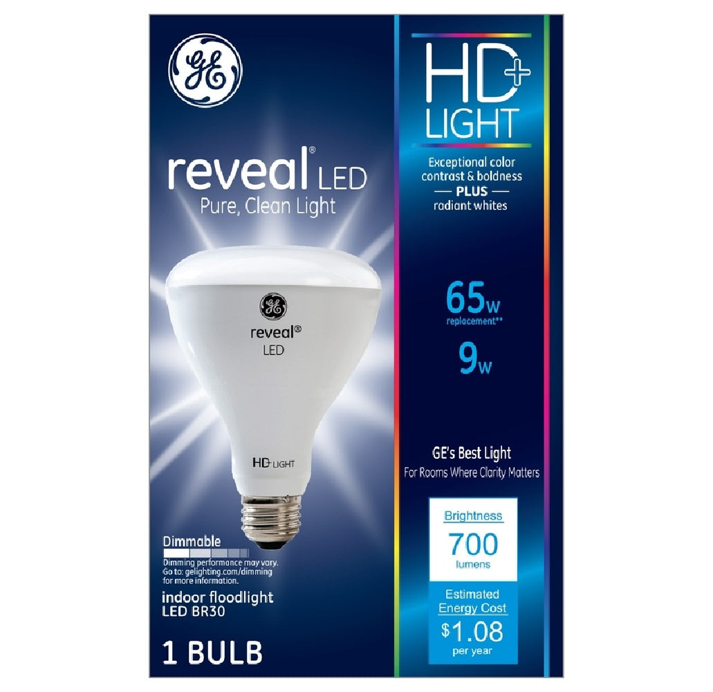 GE 30689 HD+ Reveal BR30 Halogen Floodlight Bulb, 9 Watts, 700 Lumens