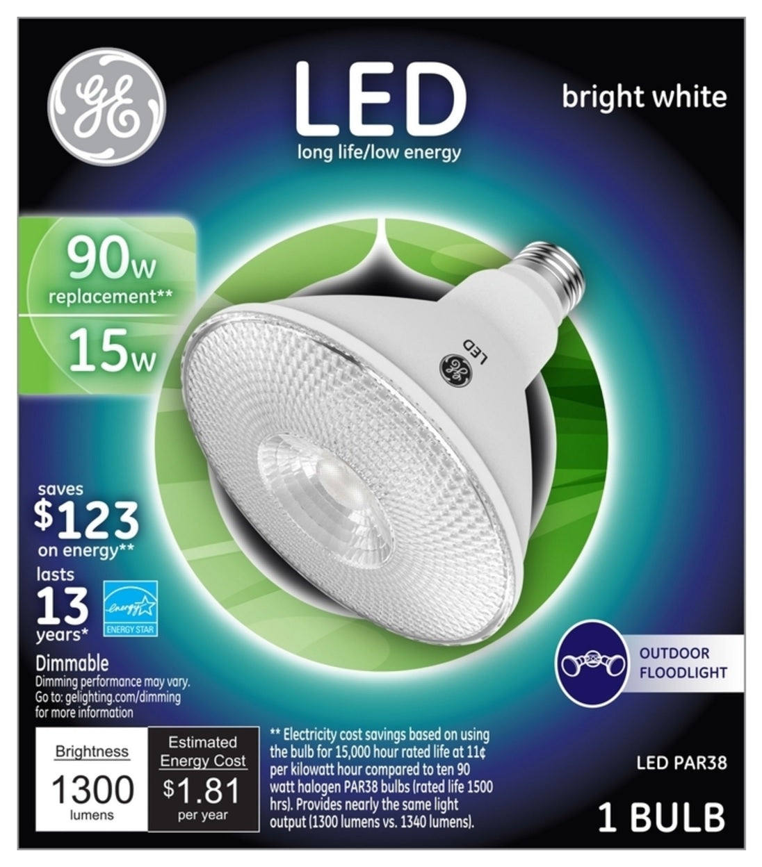 GE 38451 LED Floodlight Bulb, 15 Watts