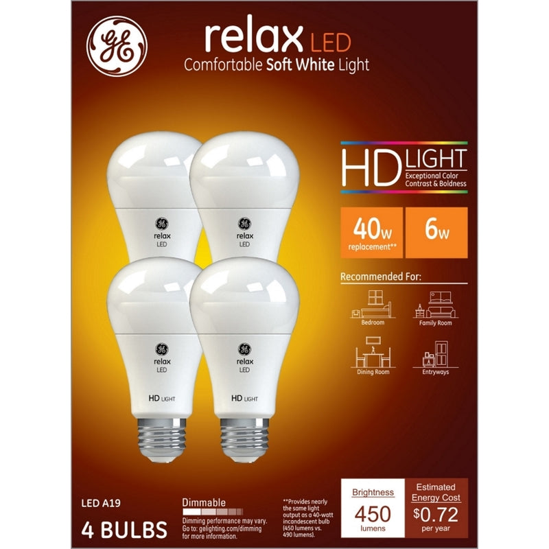 GE Lighting 42975 Relax HD A19 LED Light Bulb, 450 lumens