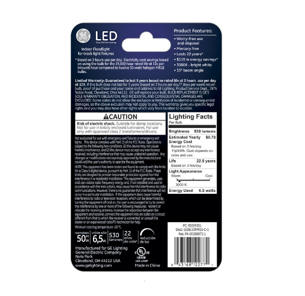 GE 93095551 MR16 Floodlight LED Bulb, Bright White, 6.5 Watts