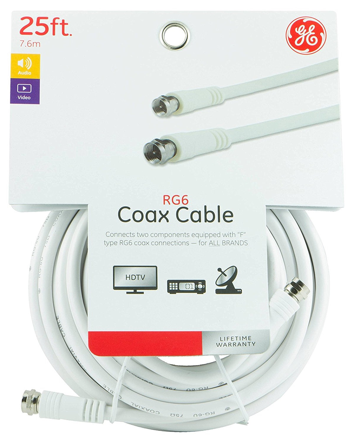 GE 33604 RG6 Coaxial Video Cable, 25', White