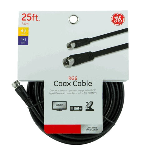 GE 33598 RG6 Video Coaxial Cable, 25', Black