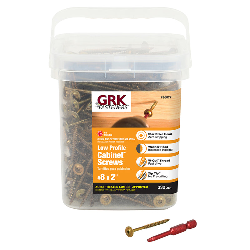 GRK Fasteners 96077 Low Profile Cabinet Screws, Yellow Zinc, #8X2"