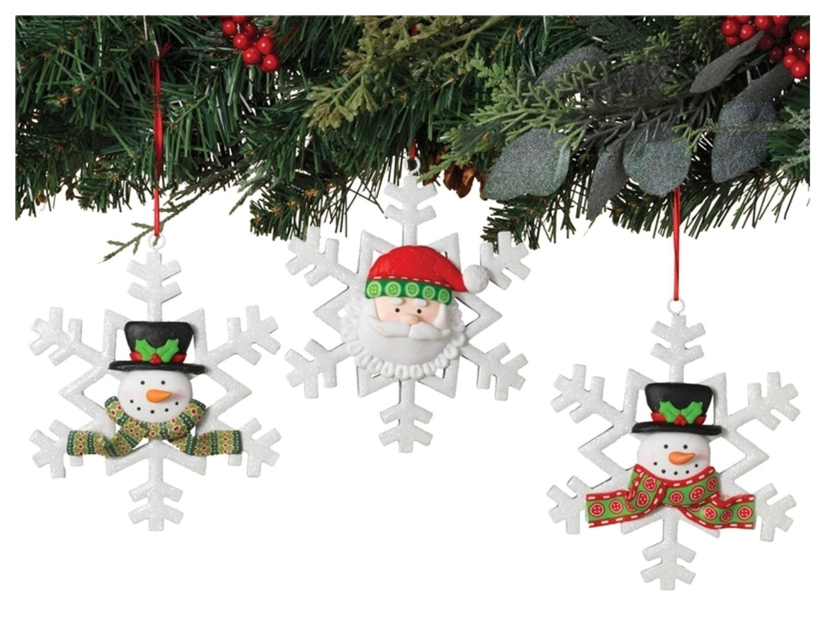 Gerson 2358750 Snowman/Santa Ornament On Christmas Snowflake