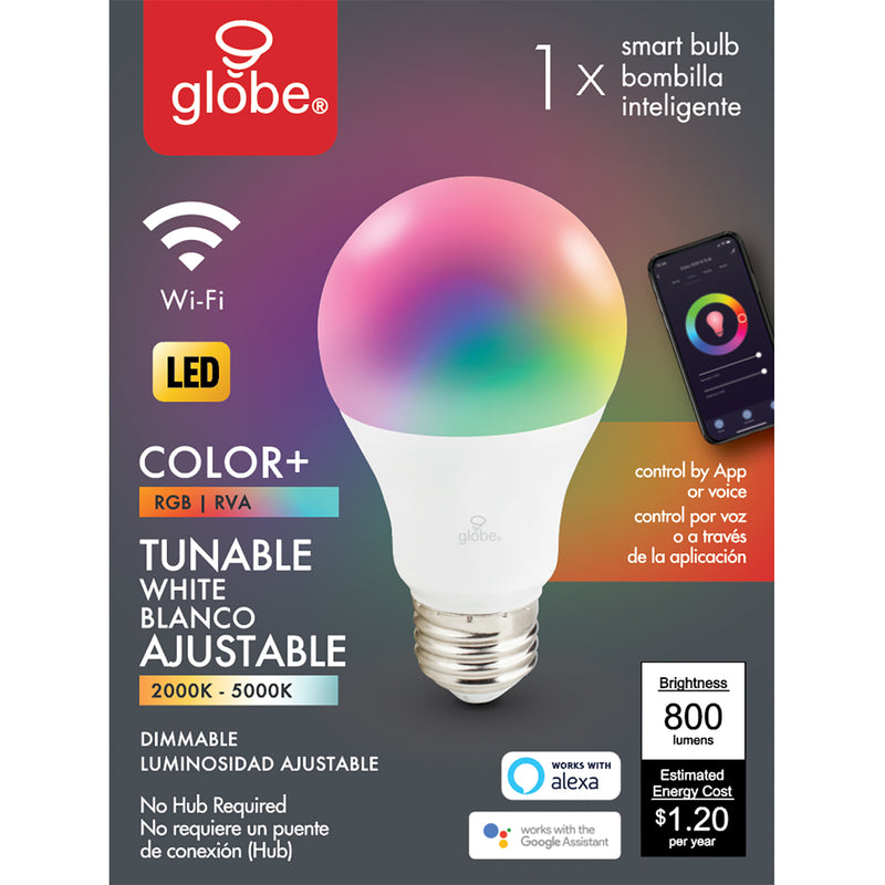 Globe 34212 A19 Smart WiFi LED Light Bulb, 800 lumens