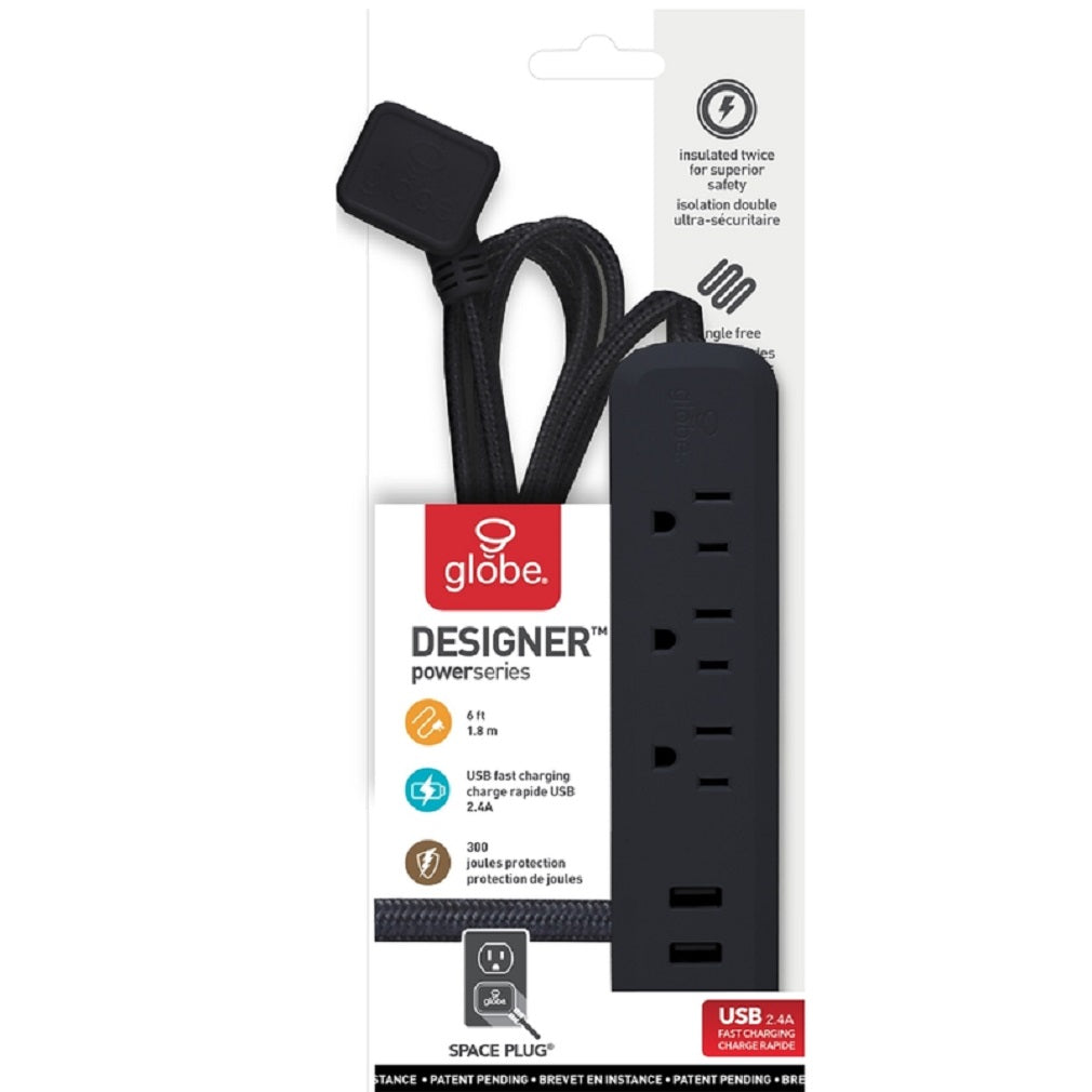 Globe 78472 Designer Power Strip with USB Ports, Black