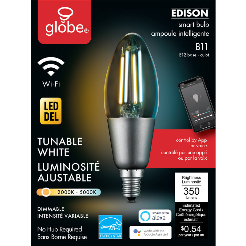 Globe 34918 Edison B11 Smart WiFi LED Bulb, 40 watts