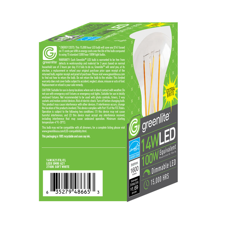 Greenlite 14W/A21/FIL/CL A21 Filament LED Bulb, Warm White
