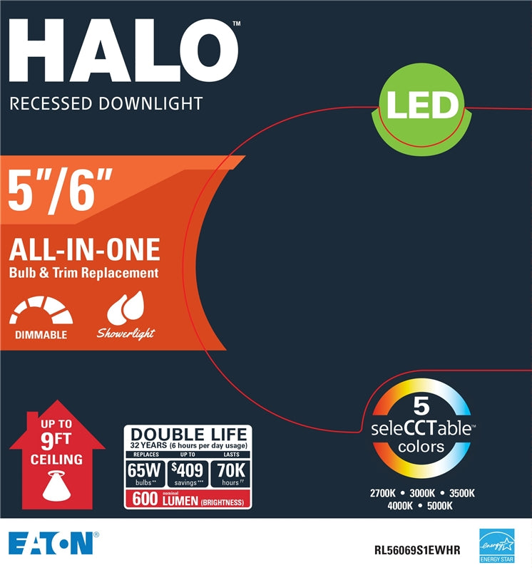 Halo RL56069S1EWHR LED Recessed Downlight Trim, 5 in. and 6 in