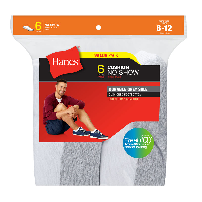 Hanes 190W Fresh IQ Men's No-Show Socks, Grey/White, 6 Pair