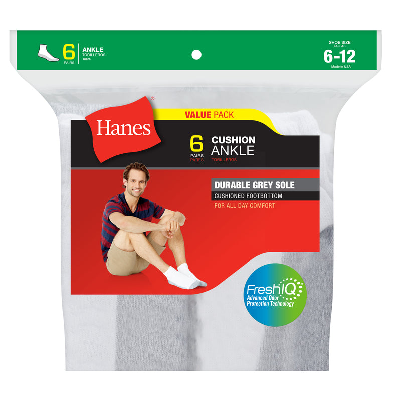 Hanes 186W Fresh IQ Men's Ankle Socks, White, 6 Pair