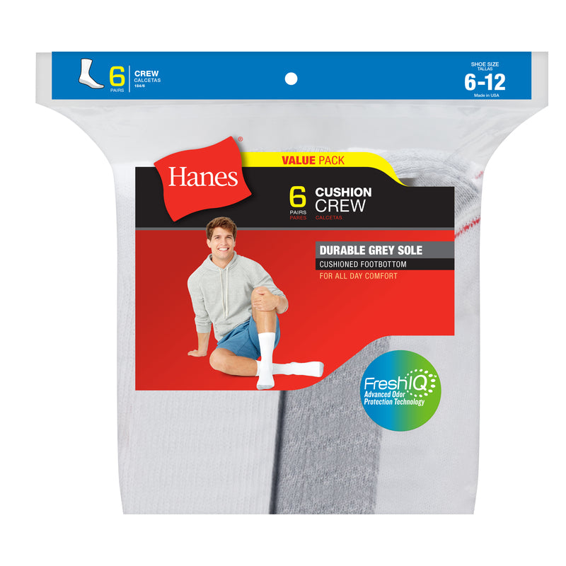 Hanes 184 Fresh IQ Men's Cushion Crew Socks, Grey/White, 6 Pair