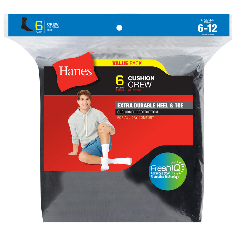 Hanes 185 Fresh IQ Men's Cushion Crew Socks, Black, 6 Pair