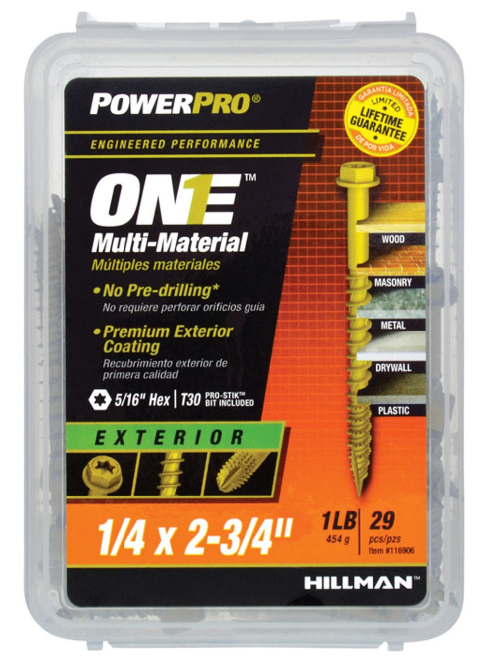 Hillman Fasteners 116906 Power Pro ONE Multi-Material Screws, 1/4" x 2-3/4"