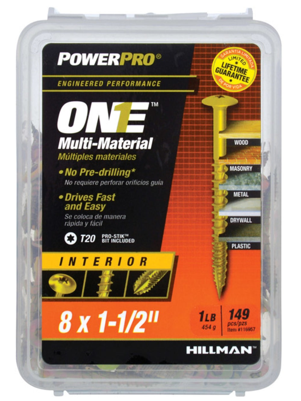 Hillman Fasteners 116957 Power Pro ONE Multi-Material Screws, #8 x 1-1/2"