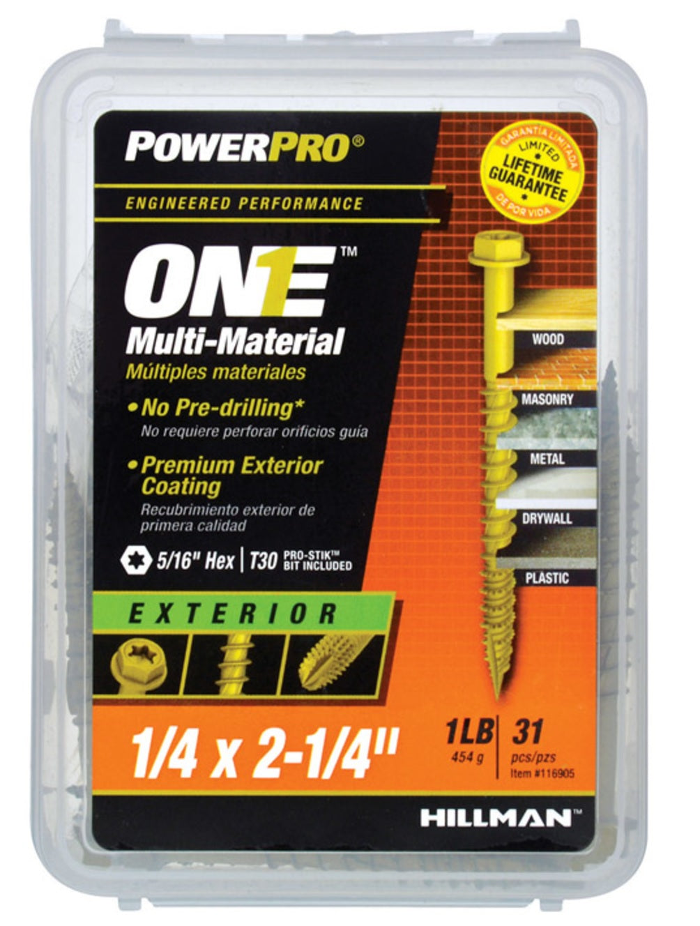 Hillman Fasteners 116905 Power Pro ONE Multi-Material Screws, 1/4" x 2-1/4"