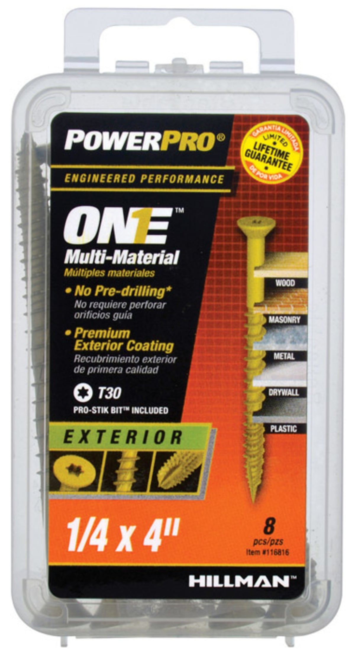 Hillman Fasteners 116816 PowerPro One Flat Head Multi-Material Screws, 1/4" x 4"