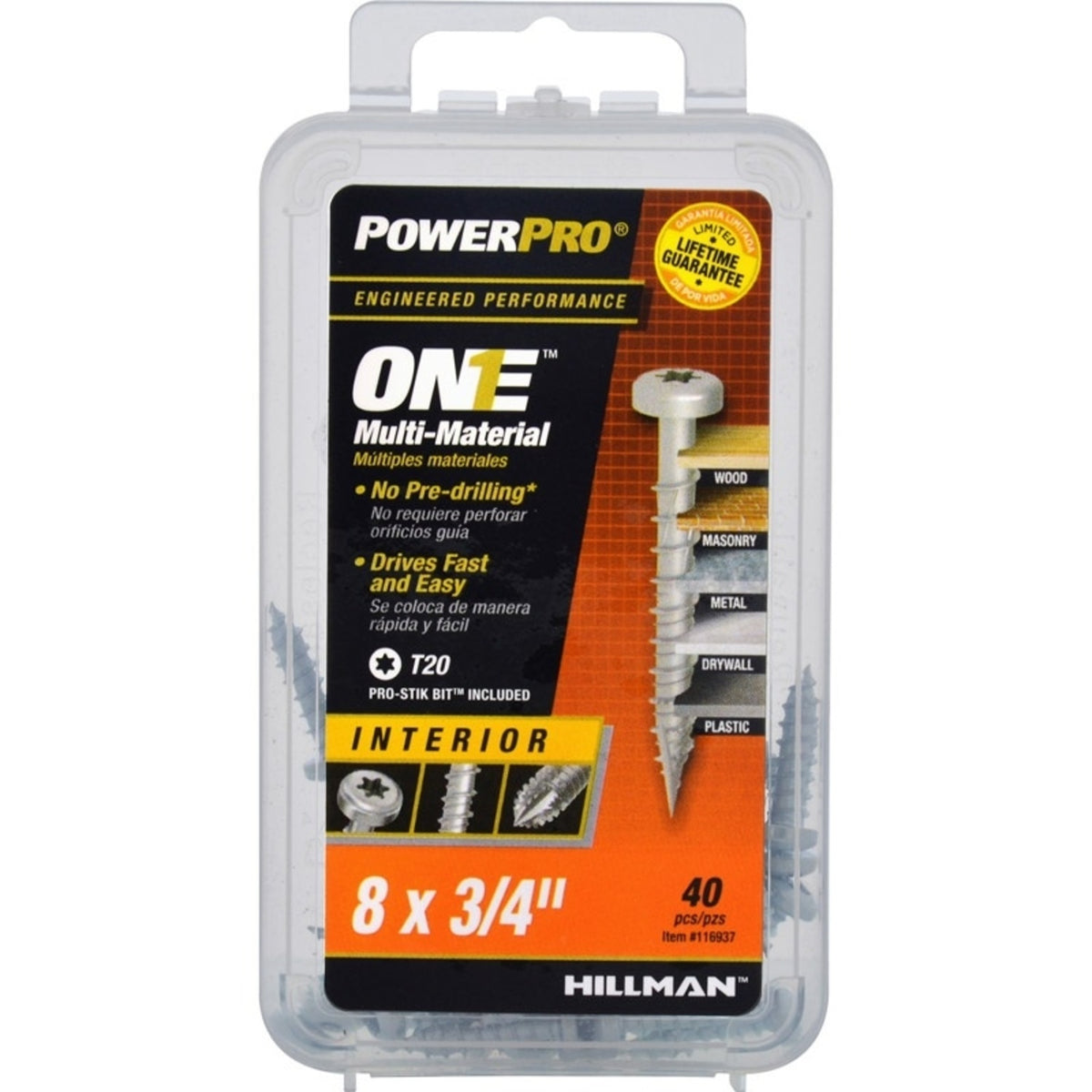 Hillman 116937 Power Pro One Multi-Material Screw, Zinc-Plated, #8 x 3/4"