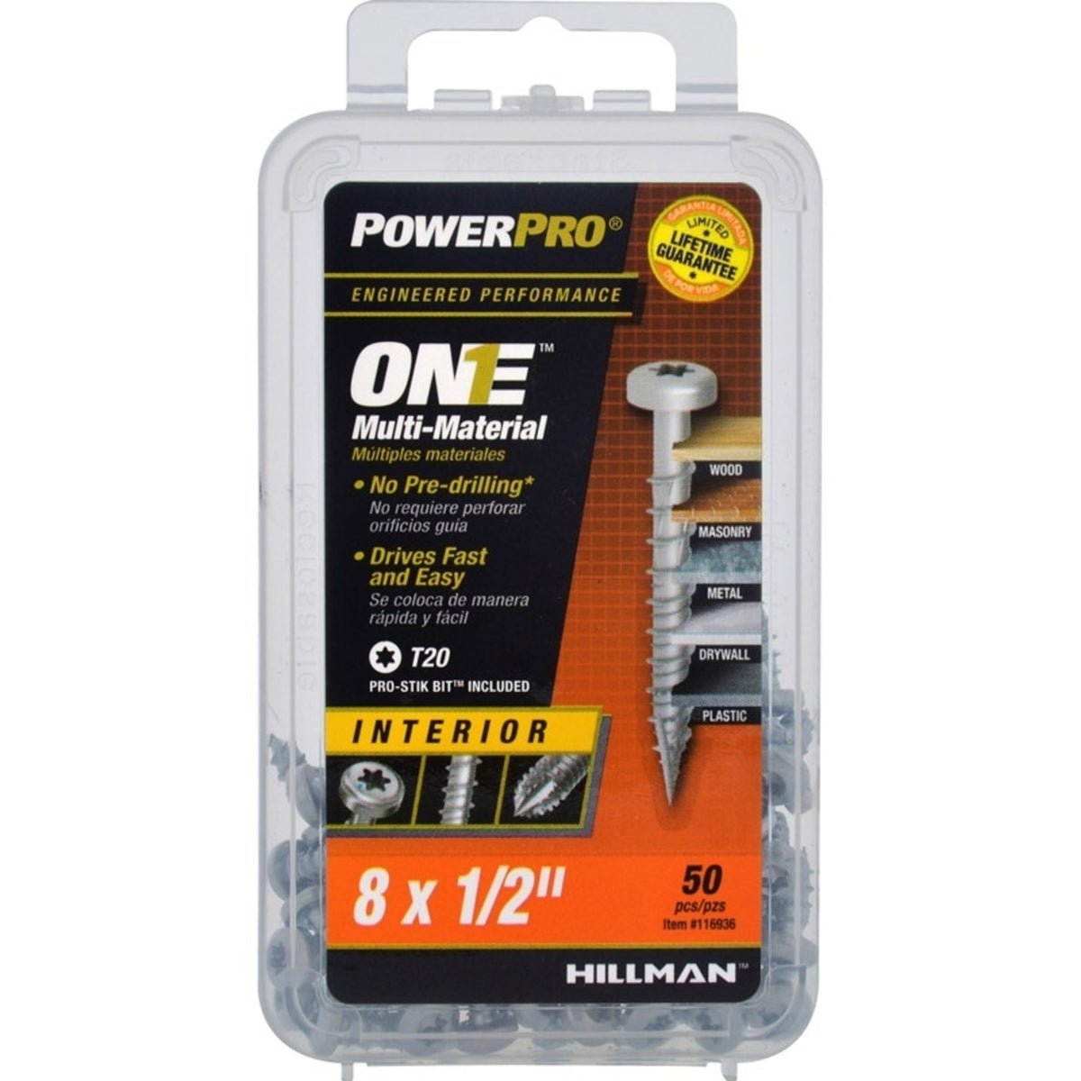 Hillman 116936 Powerpro One Multi-Material Screw, #8 X 1/2"