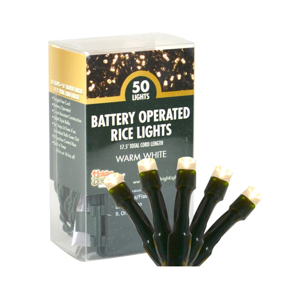 Holiday Bright Light BO5M-50GPVCWW Battery Operated Rice Light, Warm White, 50 Lights