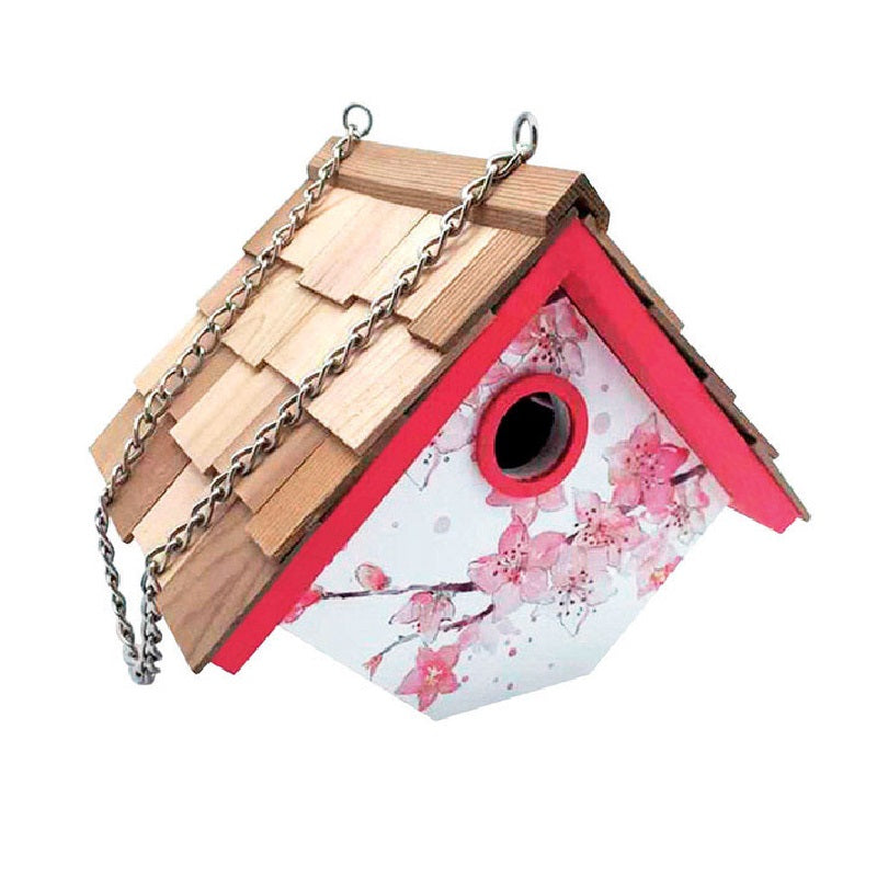 Home Bazaar HBAC-9074PDW Pink Floral Wood Bird House, 7"