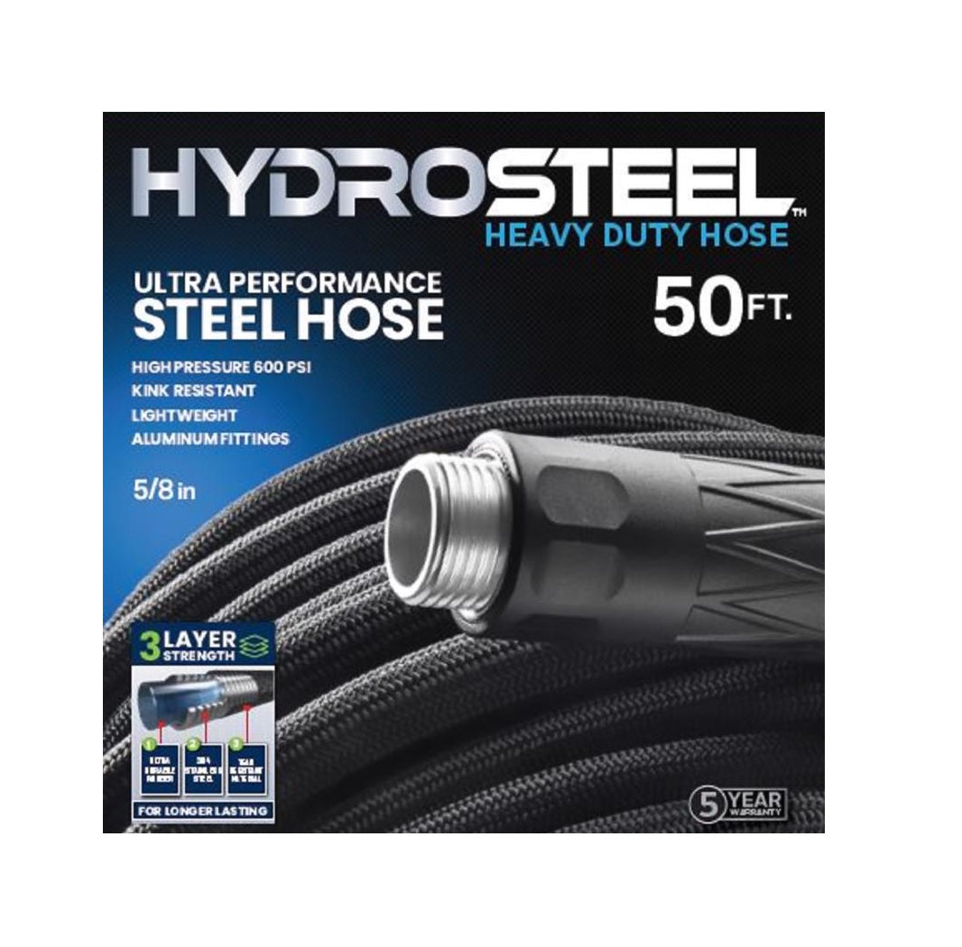 Hydrosteel 8589 Heavy Duty Garden Hose, Stainless Steel, 50 Feet