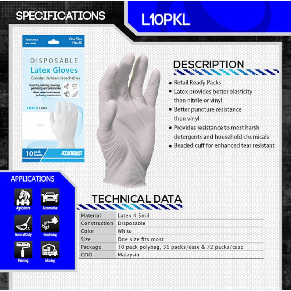 Kinco L10PKL-OS Disposable Gloves, Latex, White